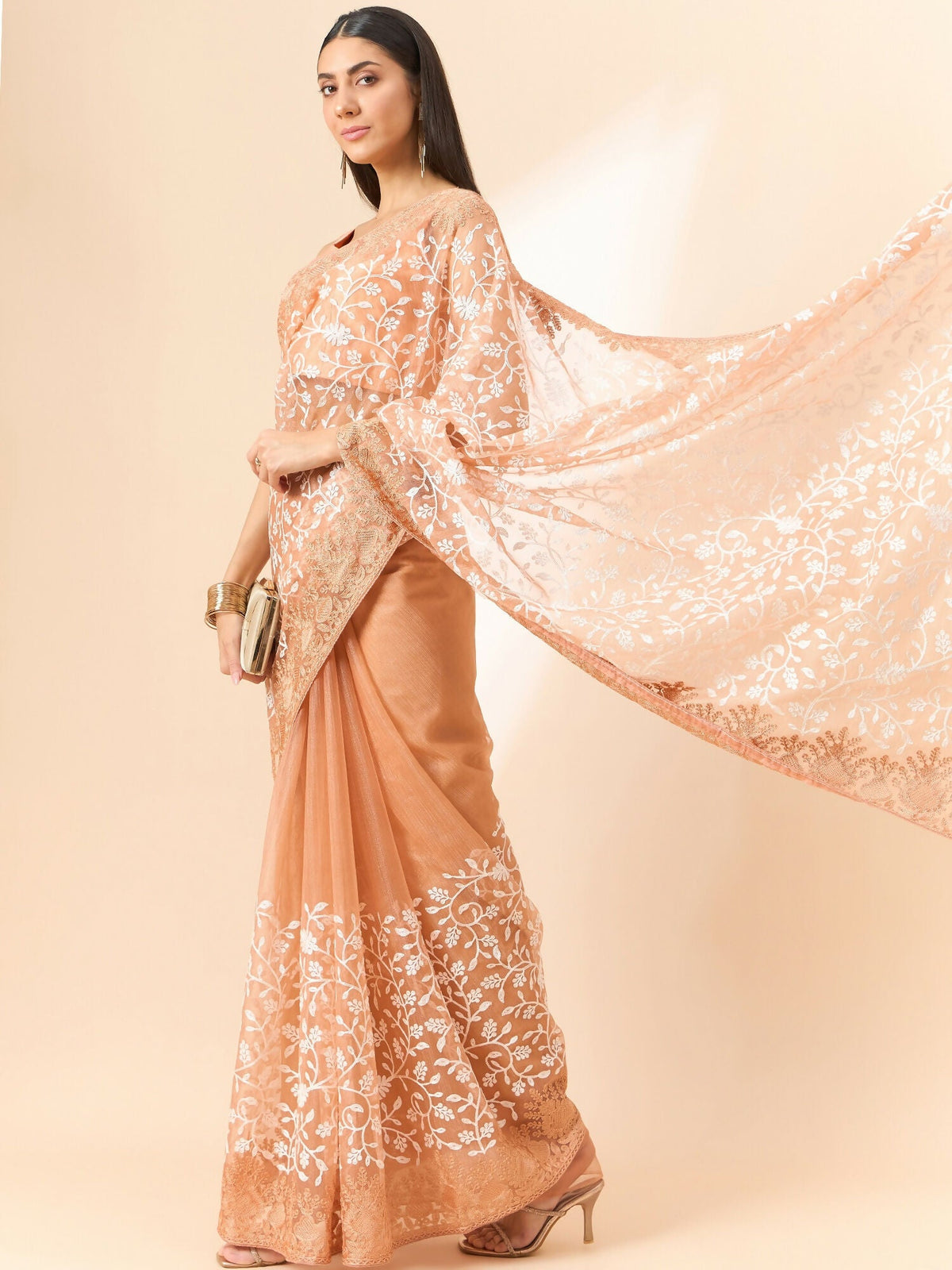Peach Organza Floral Embroidered Saree with Unstitched Blouse Piece - Roozal | Grocsy