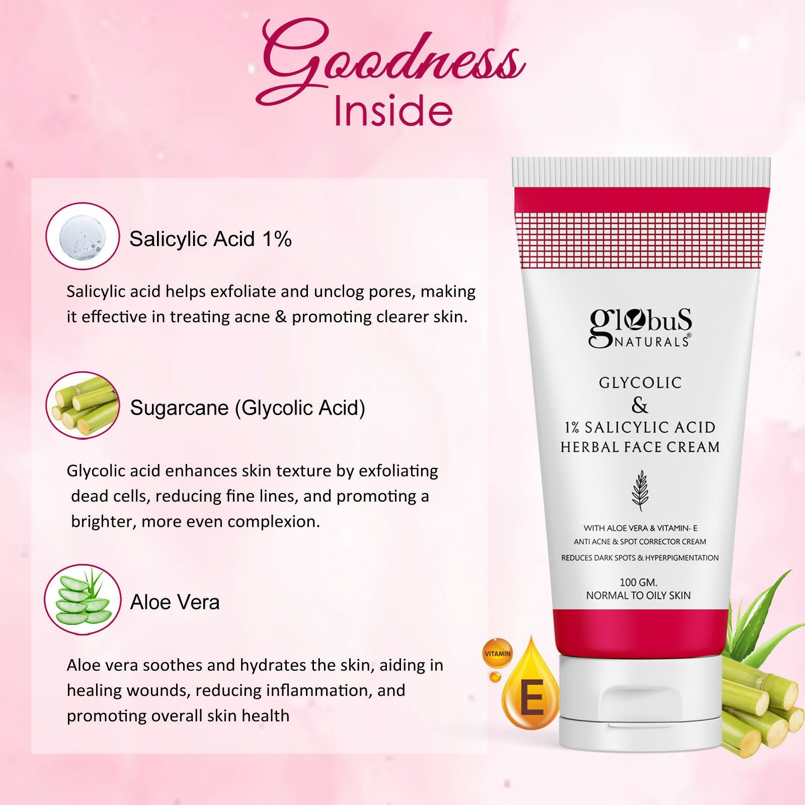 Globus Naturals Glycolic & 1% Salicylic Acid Herbal Anti Acne Face Cream | Grocsy