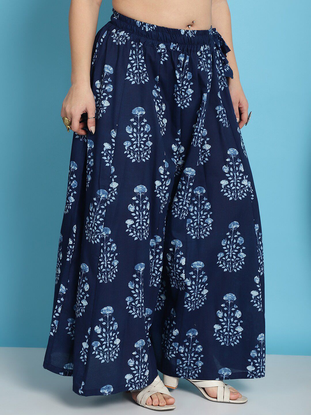 TAG 7 Plus Size Ethnic Motifs Block Printed Pure Cotton Flared Ethnic Palazzo | Grocsy