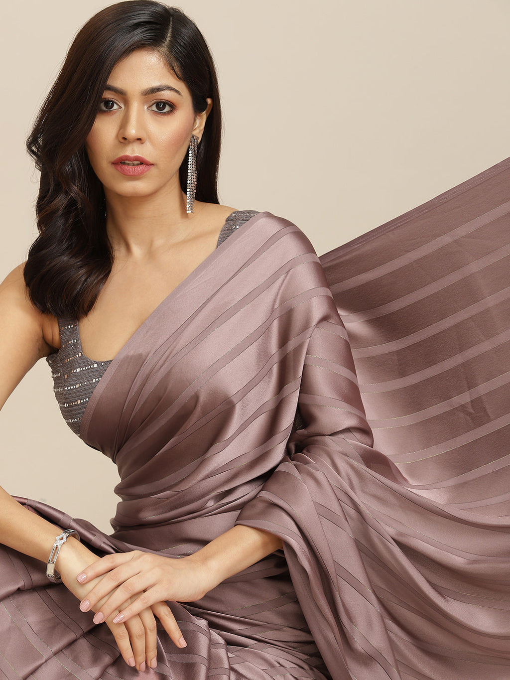 Tikhi Imli Gunmetal-Toned Striped Saree | Grocsy