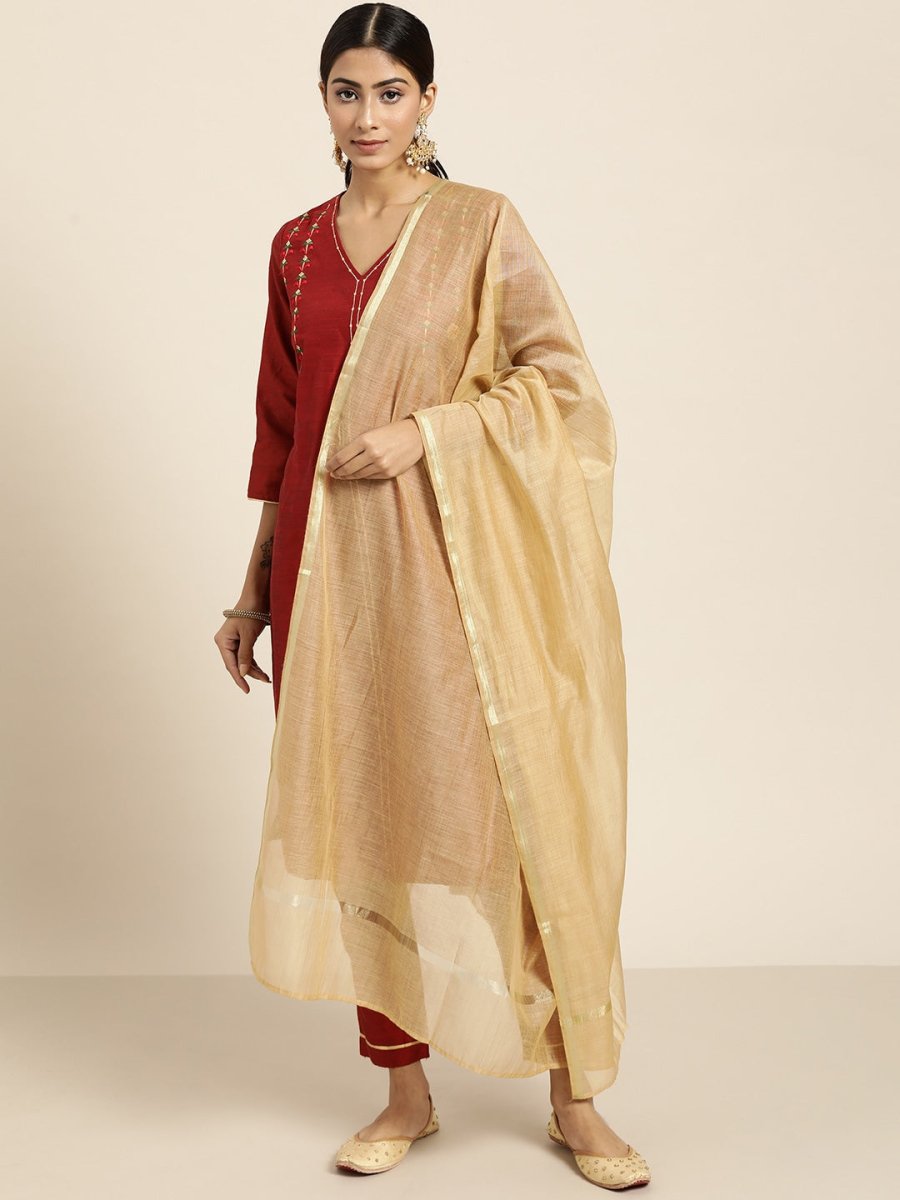 All About You Women Maroon & Golden Embroidered Regular Kurta with Trousers & Dupatta | Grocsy