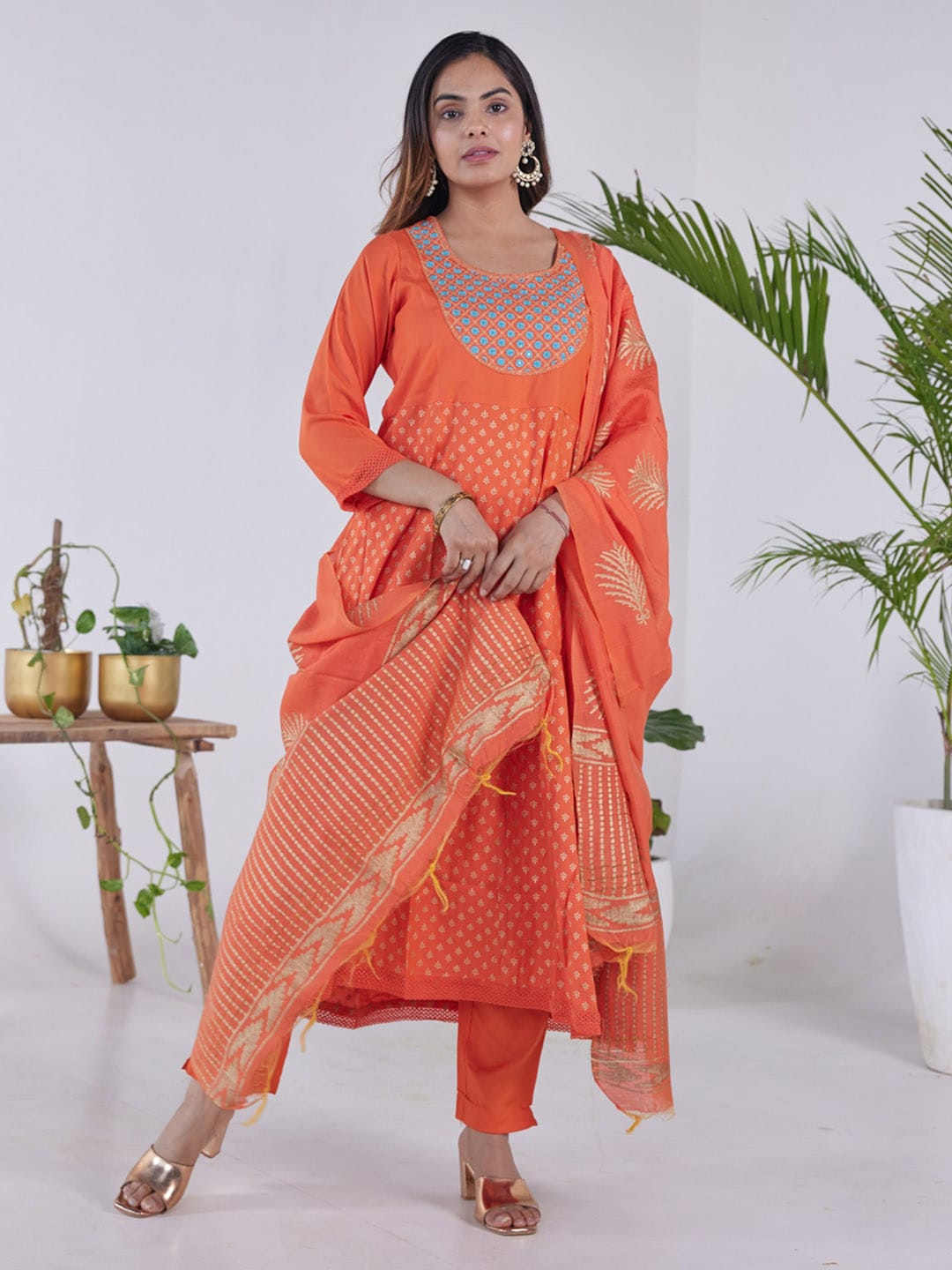 HERE&NOW Ethnic Motifs Embroidered Mirror Work Anarkali Kurta with Trousers & Dupatta | Grocsy