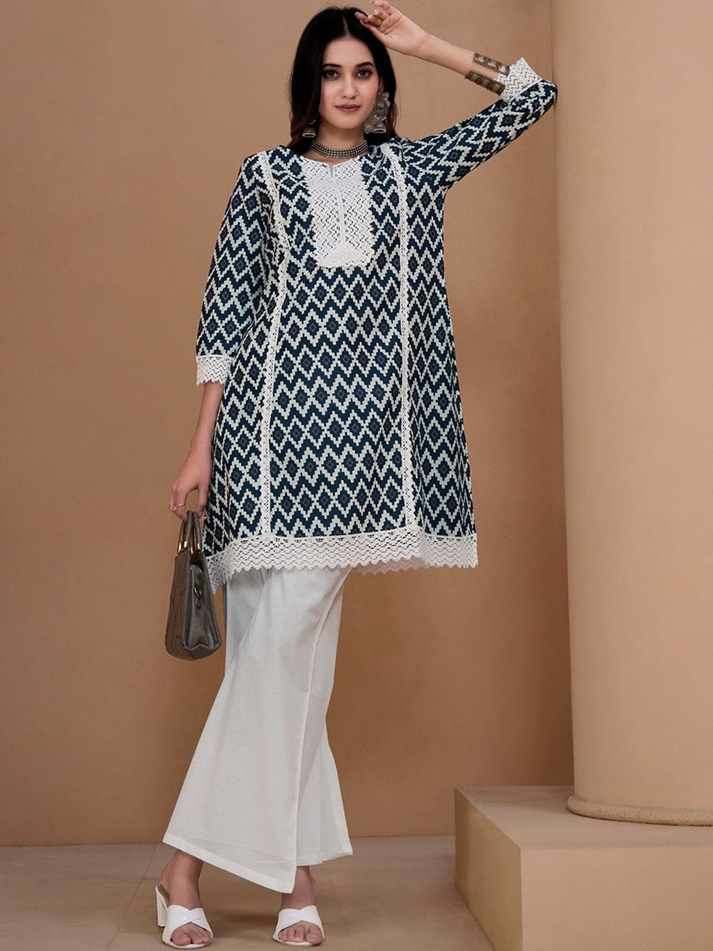 Sangria Navy Blue & White Geometric Printed Pure Cotton Kurta With Palazzos & Dupatta | Grocsy
