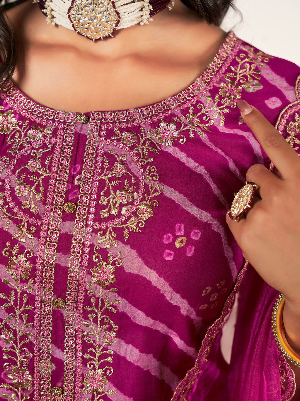 Sangria Leheriya Printed Embroidered Straight Kurta With Trousers & Dupatta | Grocsy