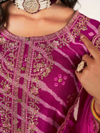 Sangria Leheriya Printed Embroidered Straight Kurta With Trousers & Dupatta | Grocsy