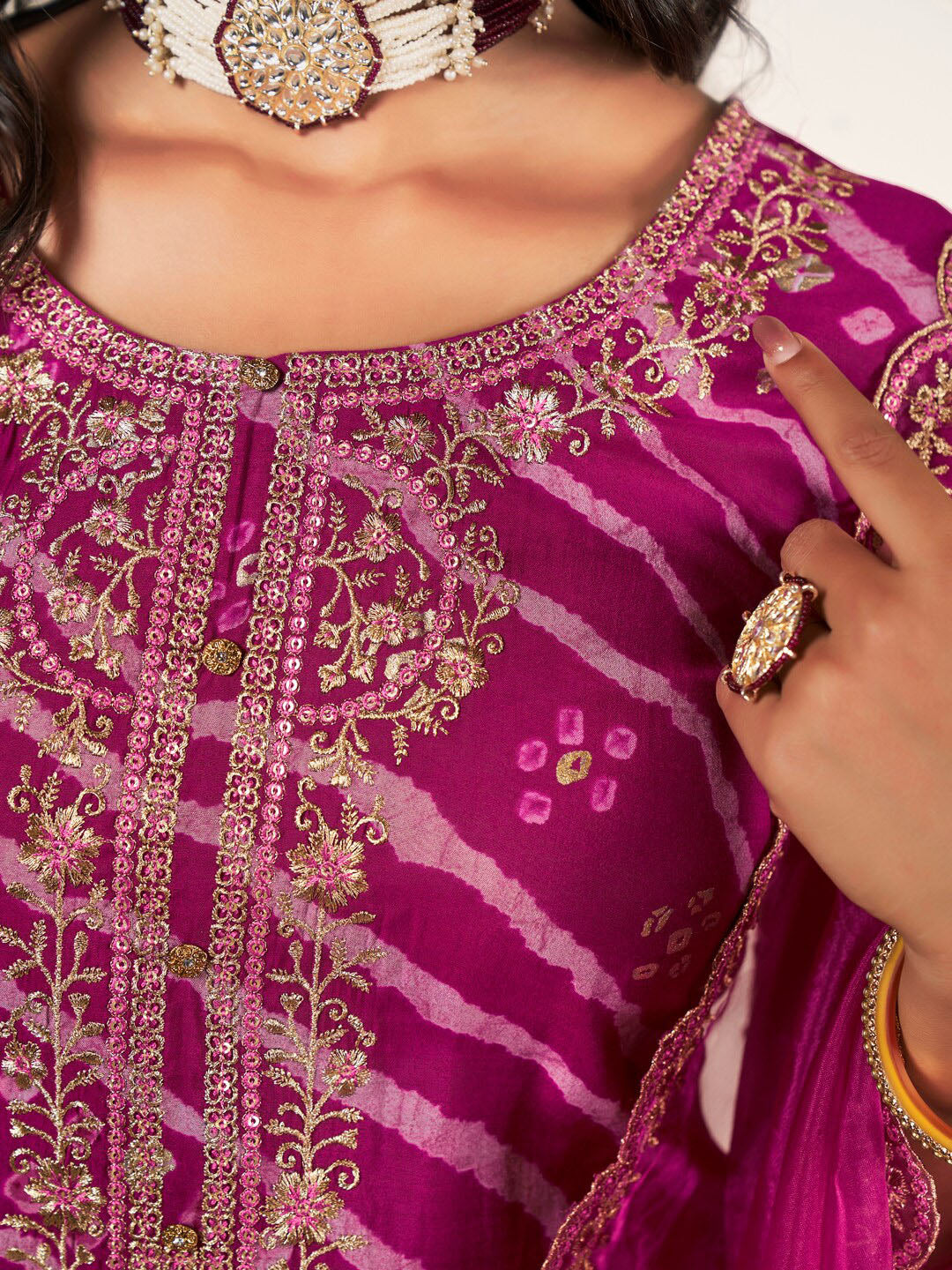 Sangria Leheriya Printed Embroidered Straight Kurta With Trousers & Dupatta | Grocsy