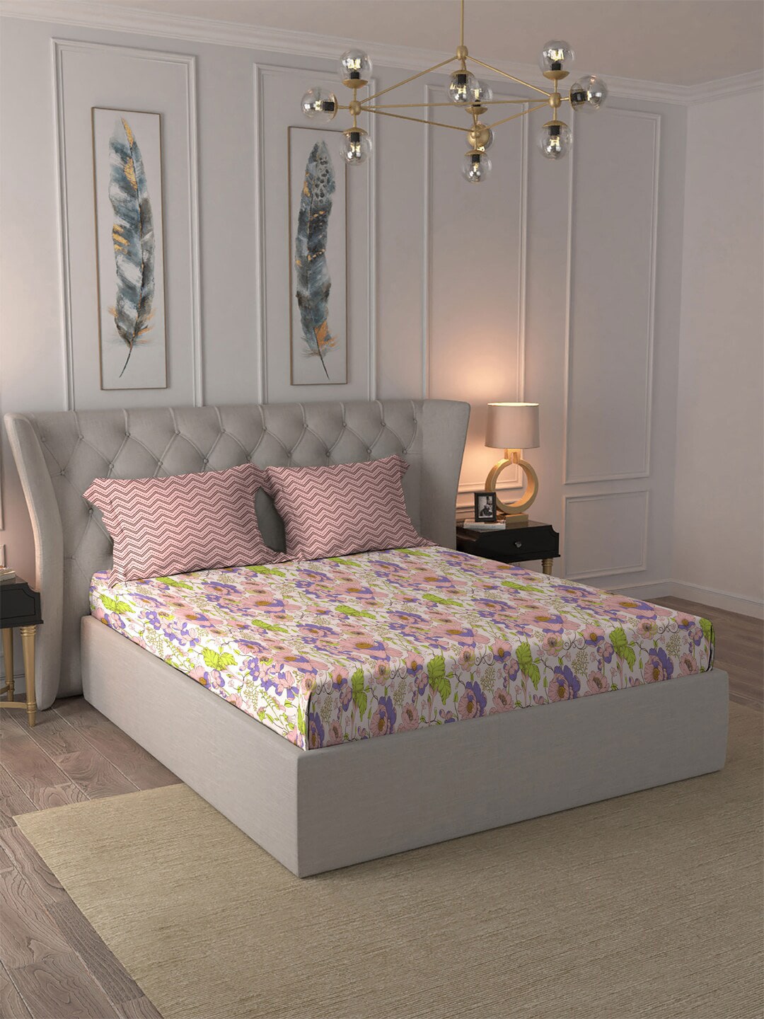 MYTRIDENT Moments Pink Blue Floral Pure Cotton 120 TC Queen Bedsheet With 2 Pillow Covers | Grocsy