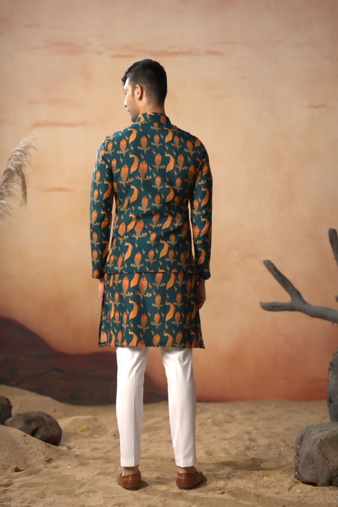 Peacock Oasis Nehru Jacket Set With Orange Hues by Hilo Design | Grocsy