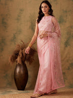 Sangria Pink Floral Embroidered Sequinned Net Saree | Grocsy