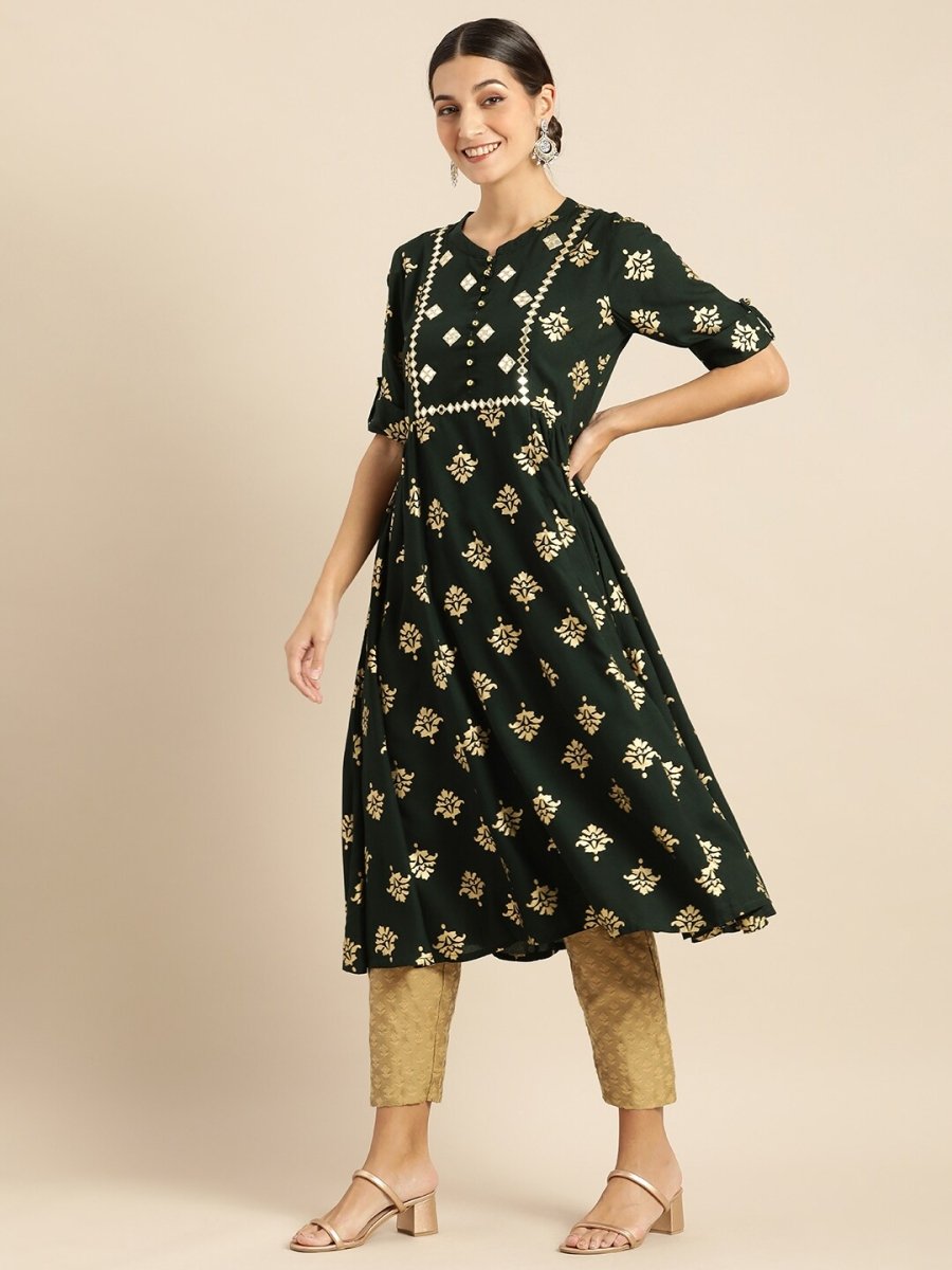 All About You Women Teal Green & Gold-Toned Ethnic Motifs Printed Mirror Work Kurta | Grocsy