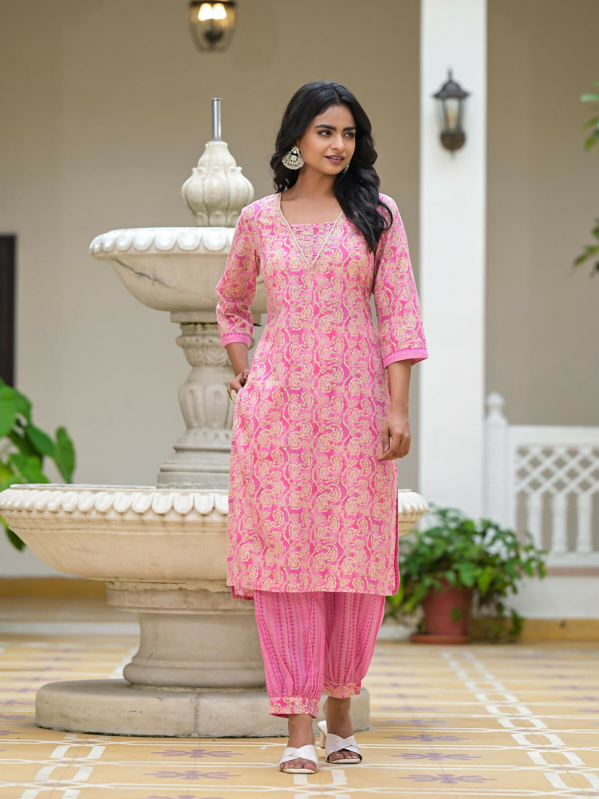 Juniper Women's Pink Ethnic Motif Printed Cotton Kurta Pant With Dupatta Set With Sequins & Lace | Grocsy