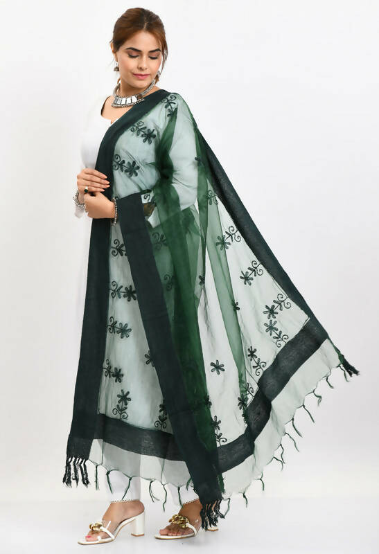 Mominos Fashion Moeza Women's Orgenza All Over Chikan Work Bottle Green Dupatta | Grocsy