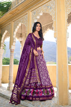 Vastranavya Designer Ikkat Print With Foil Work Lehenga Choli - Purple | Grocsy