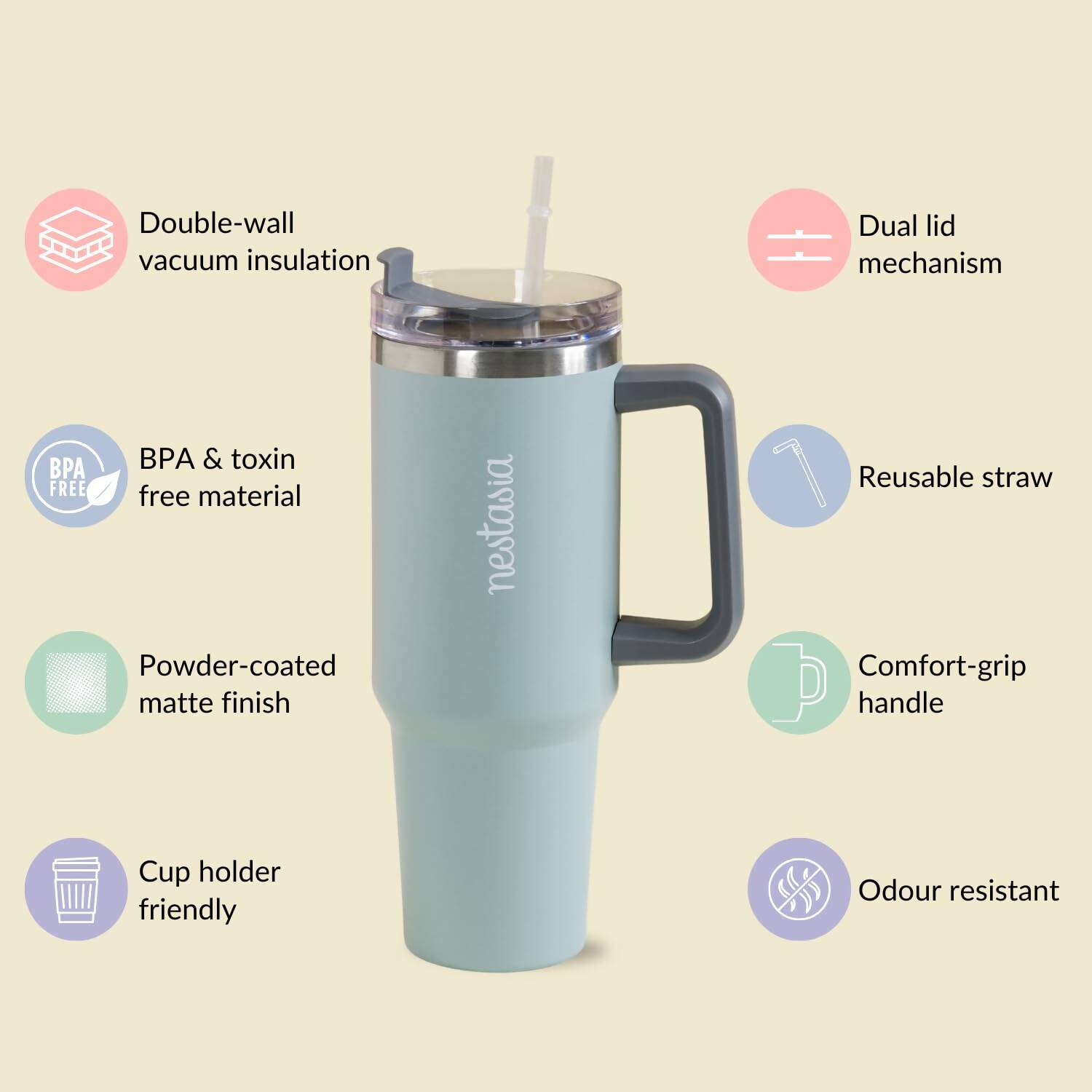 Nestasia Tumbler with Handle Straw & Lid - 1.2L (Green) | Grocsy