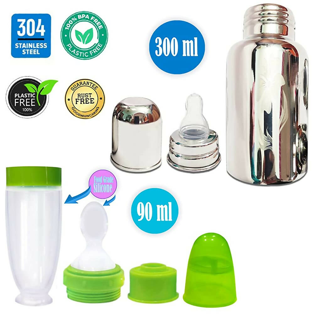 Goodmunchkins Stainless Steel Feeding Bottle With Spoon Food Feeder for Baby Anti Colic Silicon Nipple Feeder 300 ml Combo Pack-Green | Grocsy