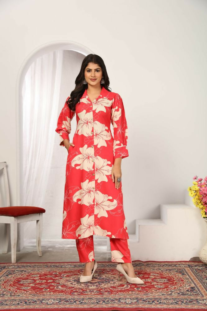 Jyoti Fashion Women's Pink Rayon Floral Print with Side Pocket Kurtis & Sets | Grocsy