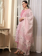 Sangria Mauve Embroidered Straight Pure Cotton Kurta With Trouser & Dupatta | Grocsy