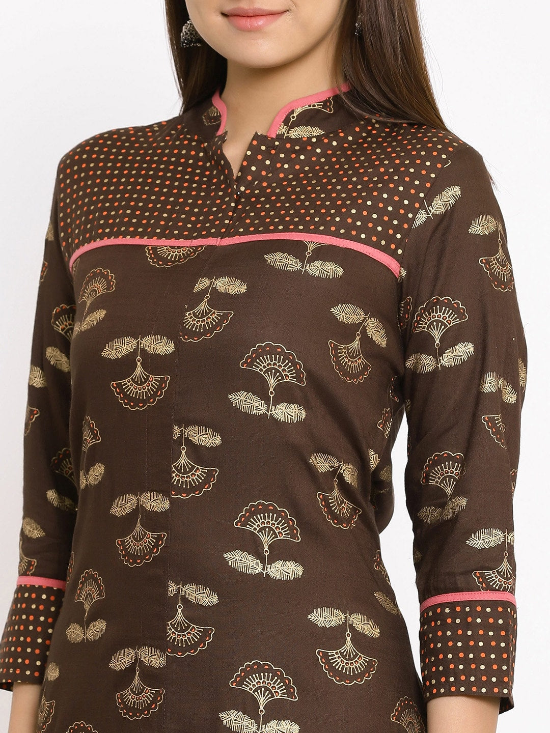HERE&NOW Brown & Beige Mandarin Collar Floral Printed Straight Kurta | Grocsy