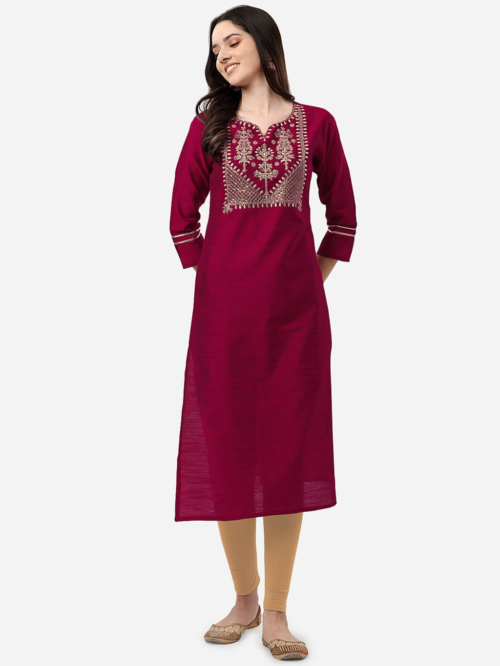 HERE&NOW Women Magenta & Golden Floral Embroidered Kurta | Grocsy