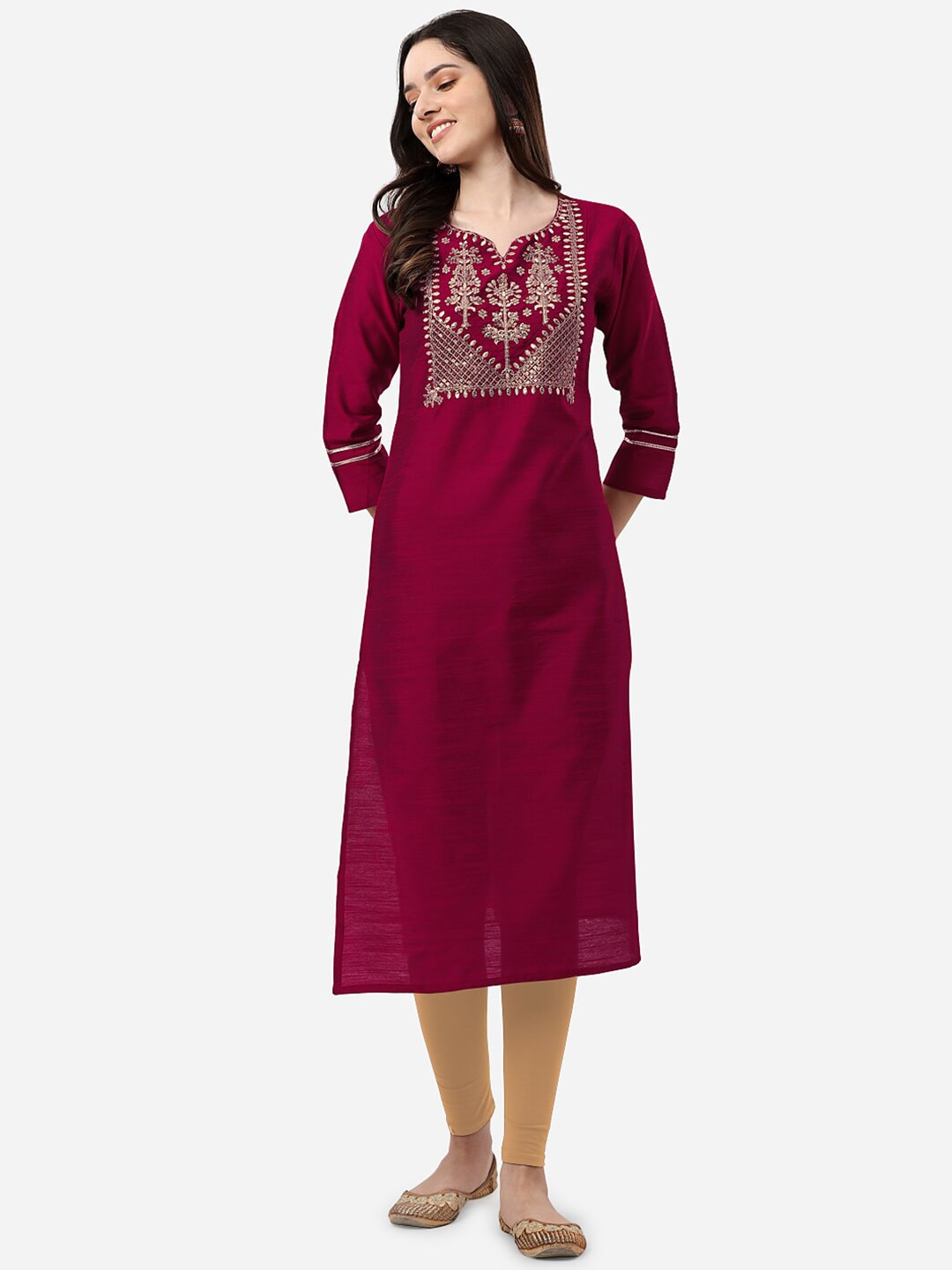 HERE&NOW Women Magenta & Golden Floral Embroidered Kurta | Grocsy