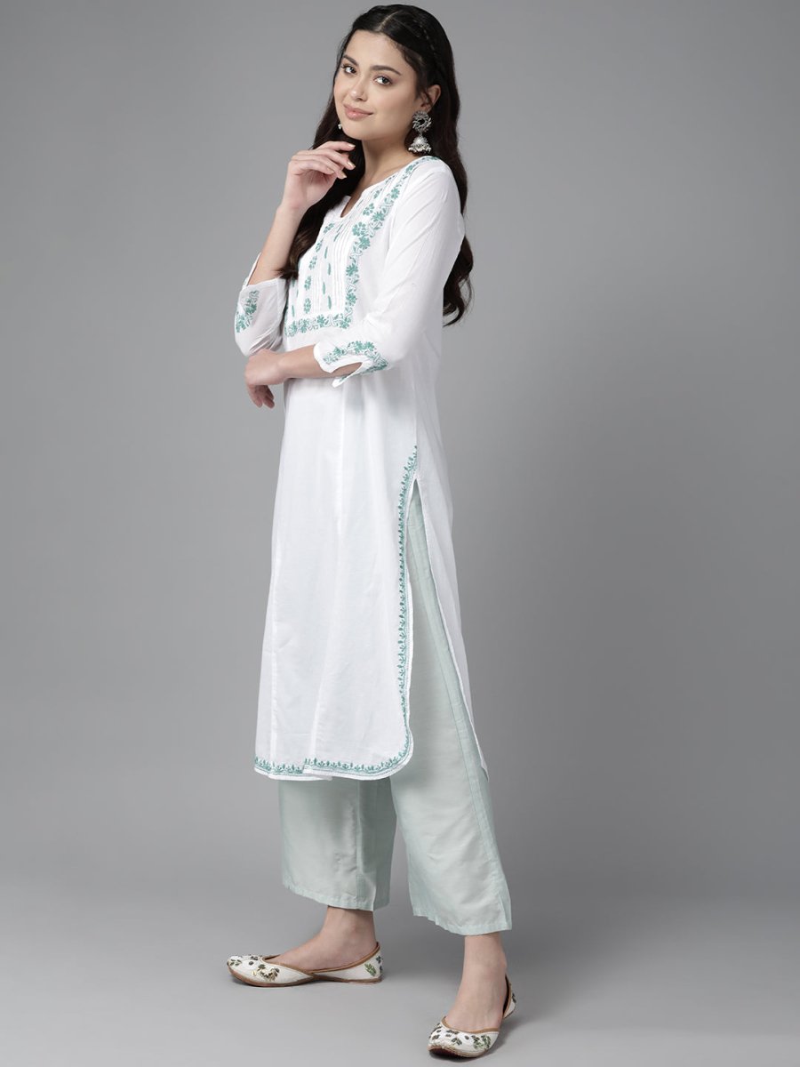 ADA Ethnic Motifs Embroidered Chikankari Floral Kurta | Grocsy
