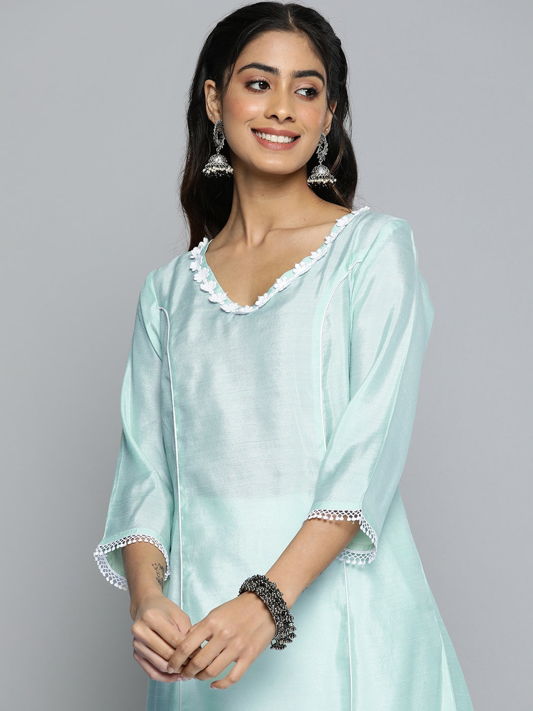 HERE&NOW Women Solid Panelled A-Line Kurta with Trousers | Grocsy