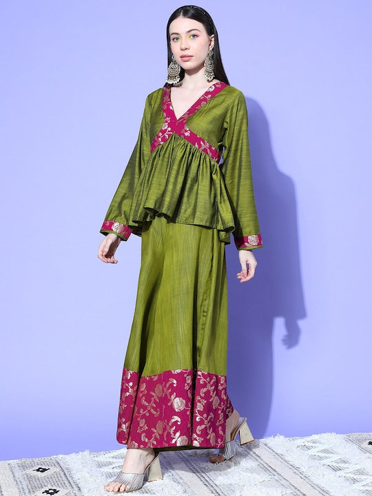 InWeave Women's Olive Wine Brocade Mughal Shaan Kurta Palazzo Set | Grocsy