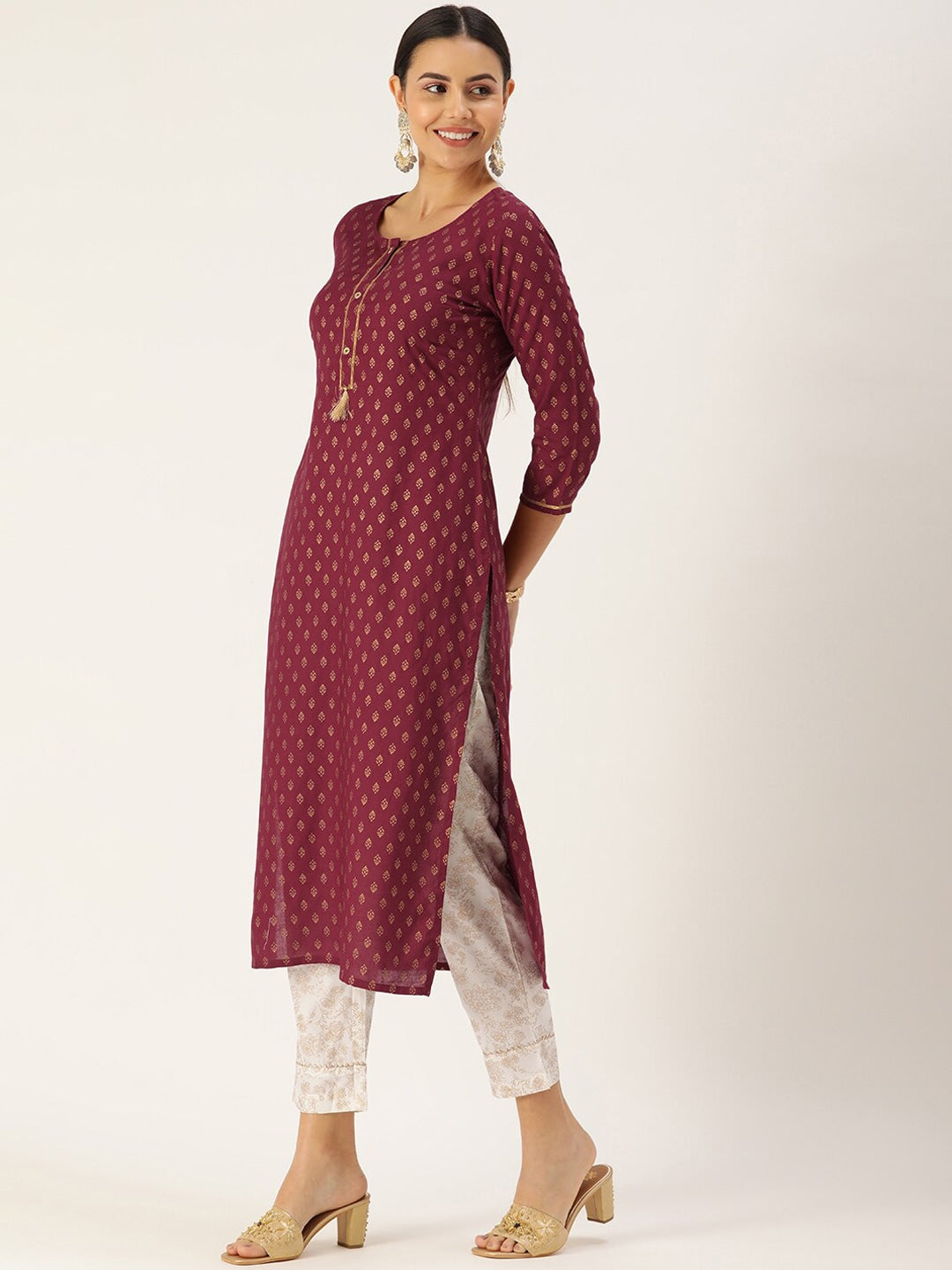 HERE&NOW Women Maroon Ethnic Printed Kurta with Trousers & With Dupatta | Grocsy