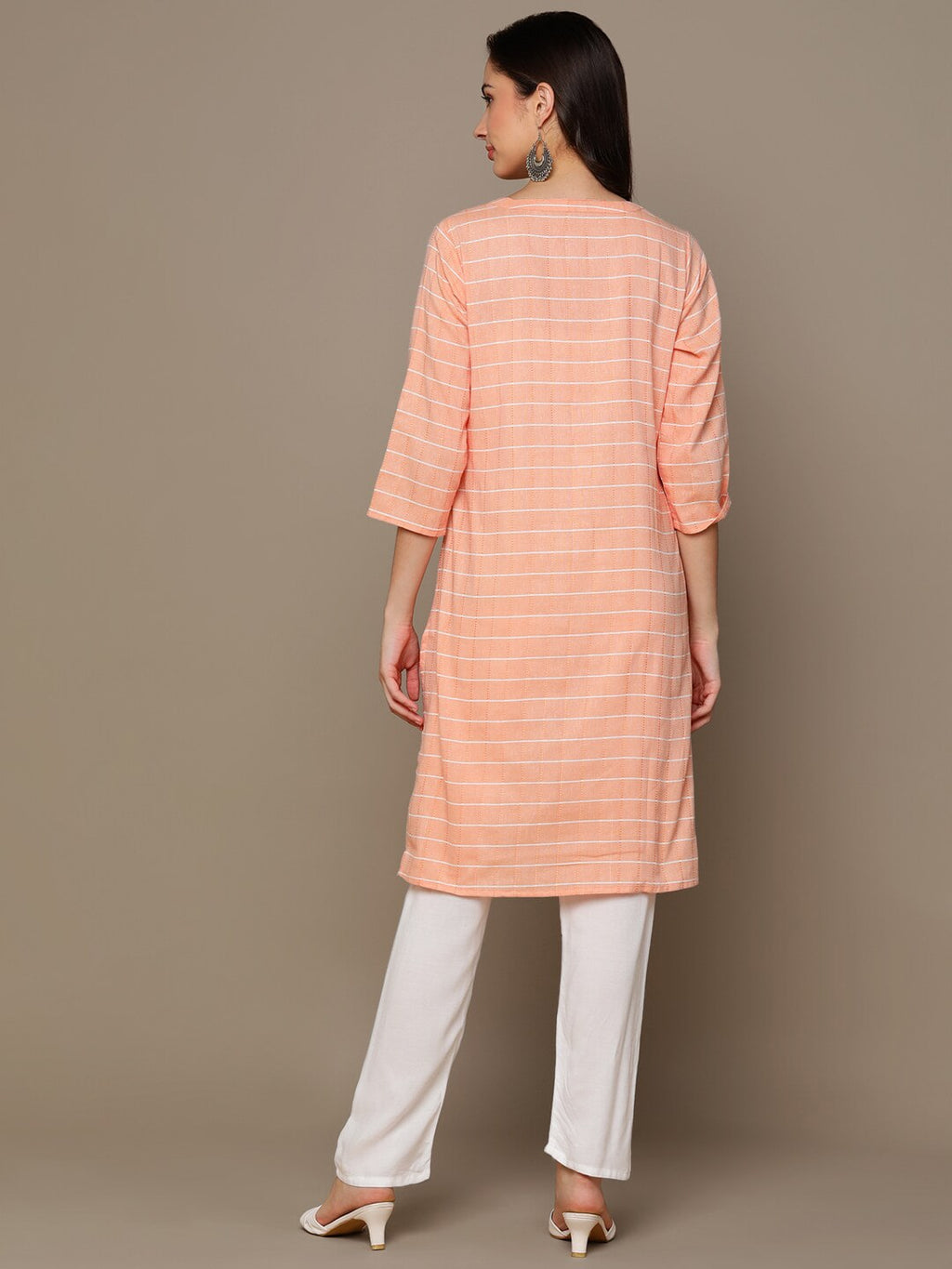 HERE&NOW Orange & White Checked Straight Kurta | Grocsy