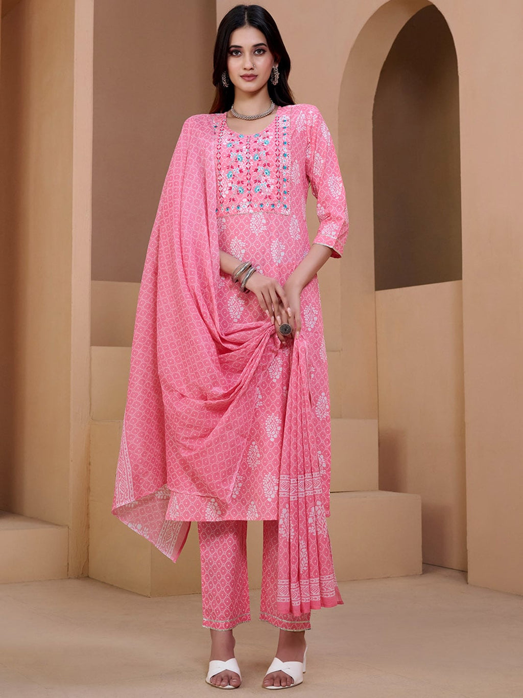 Sangria Pink & White Ethnic Motifs Printed Pure Cotton Kurta With Trousers & Dupatta | Grocsy