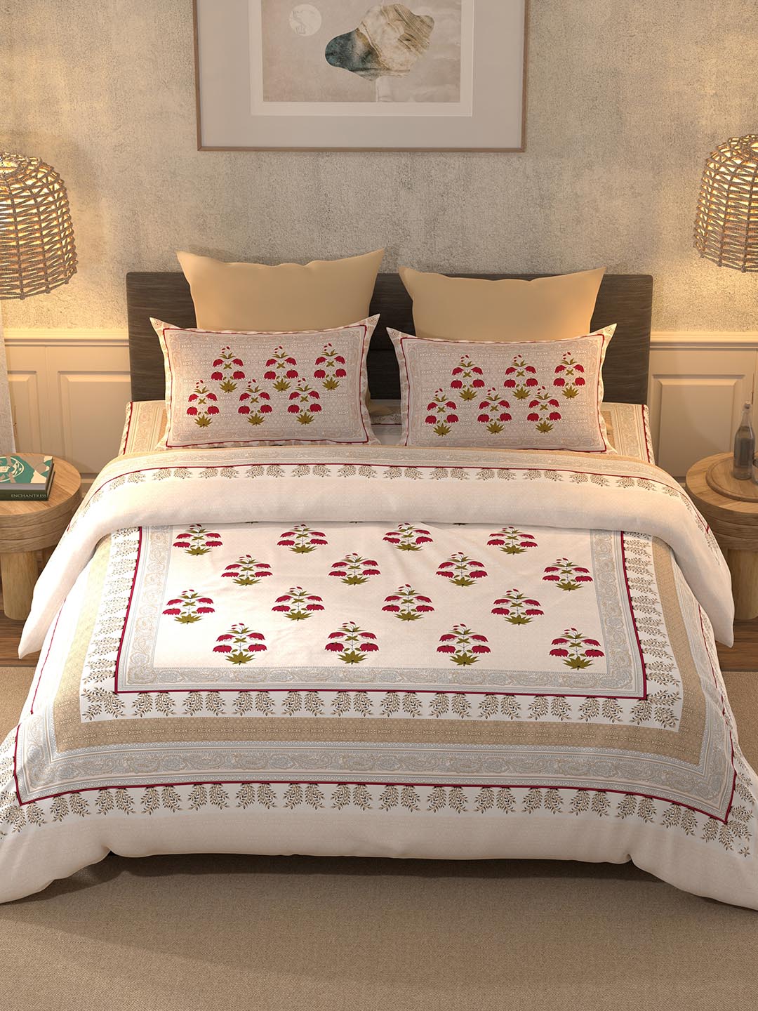 BELLA CASA Pink & Green Ethnic Motifs 350 TC Super King Bedsheet with 2 Pillow Covers | Grocsy