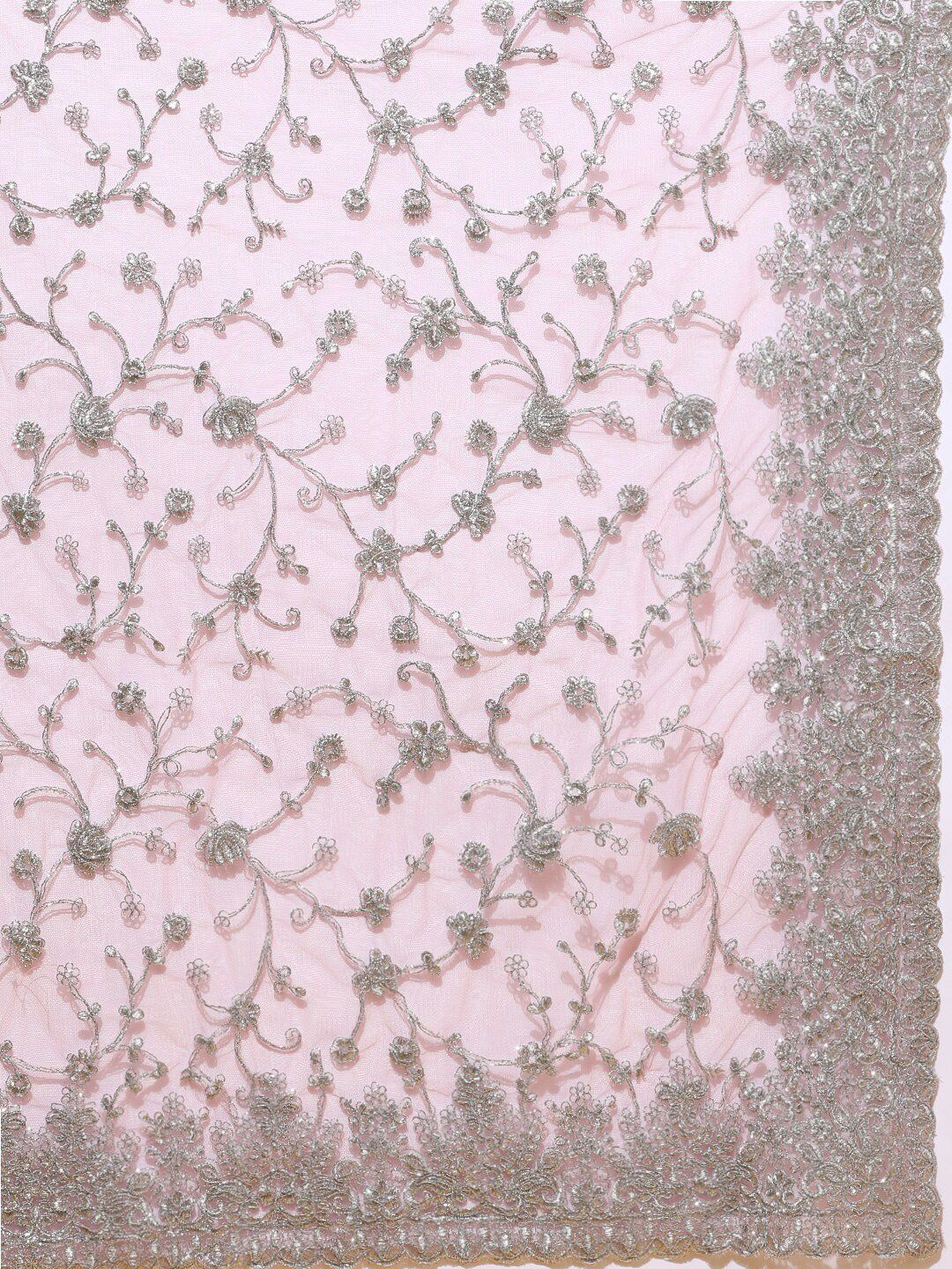 kasee Pink & Silver-Toned Floral Embroidered Net Heavy Work Saree | Grocsy
