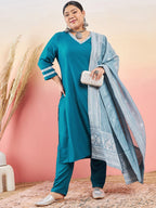 Sztori V-Neck Straight Kurta With Trouser & Dupatta | Grocsy