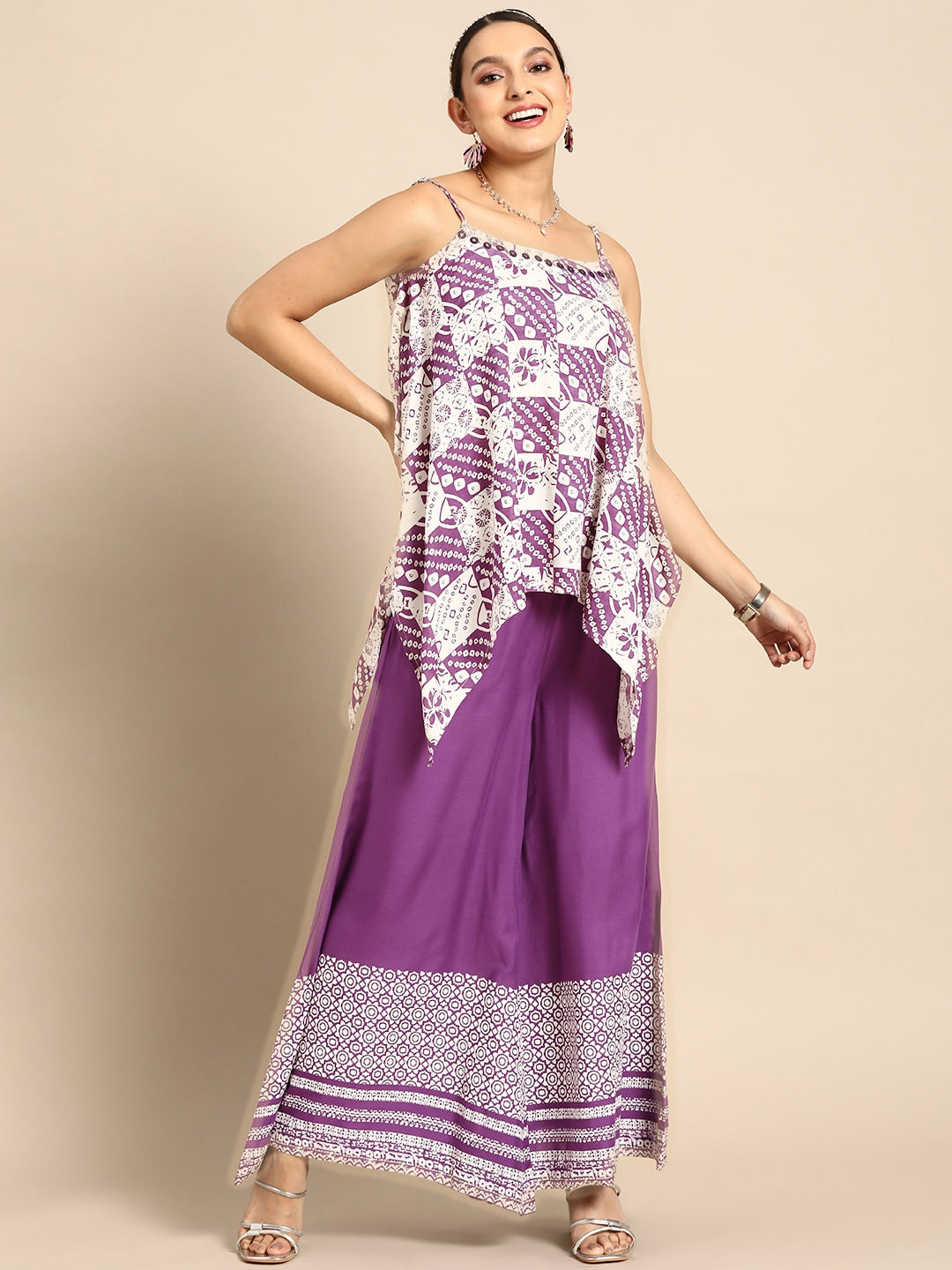 Sangria Women Bandhani Printed Pure Cotton Kurti with Palazzos | Grocsy