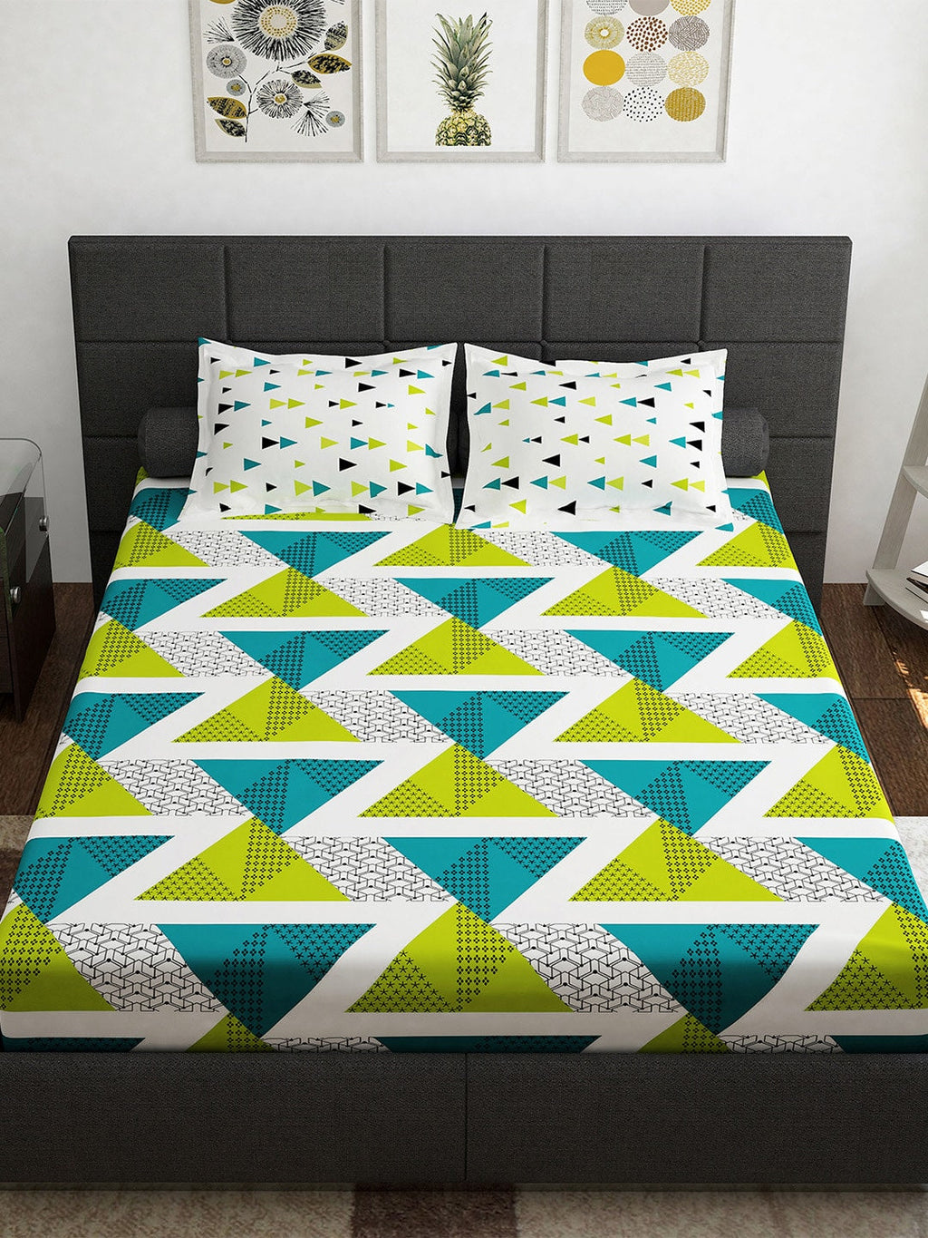 Story@home Ventura Green Geometric 152 TC Cotton Queen Bedsheet With 2 Pillow Covers | Grocsy
