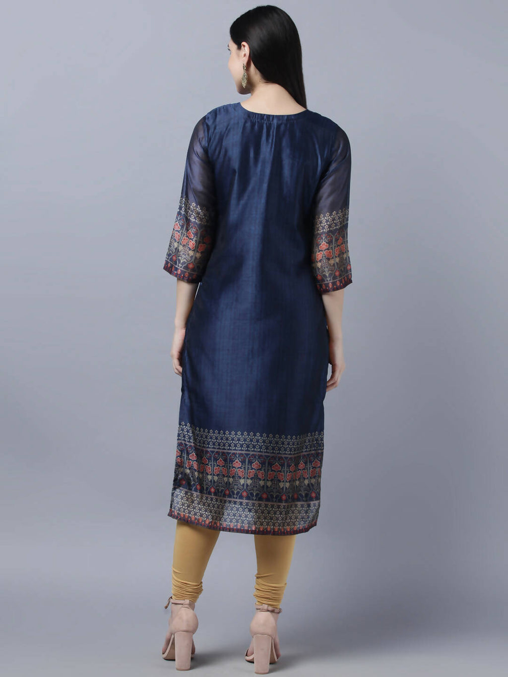 Myshka Women Navy Blue Ethnic Motifs Printed Keyhole Neck Chanderi Silk Kurta | Grocsy