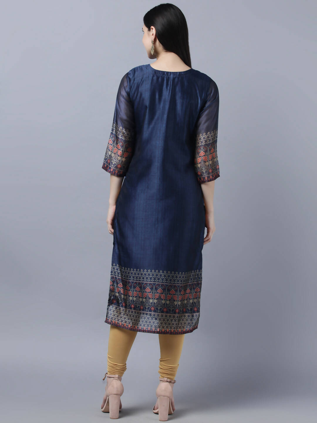 Myshka Women Navy Blue Ethnic Motifs Printed Keyhole Neck Chanderi Silk Kurta | Grocsy