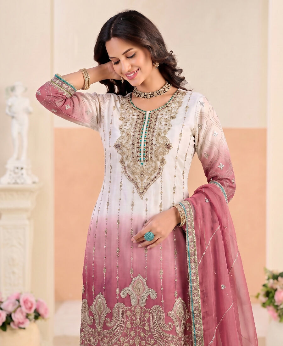KC Designer Pink Ombre Straight Suit For Women With Hand Embroidery | Grocsy