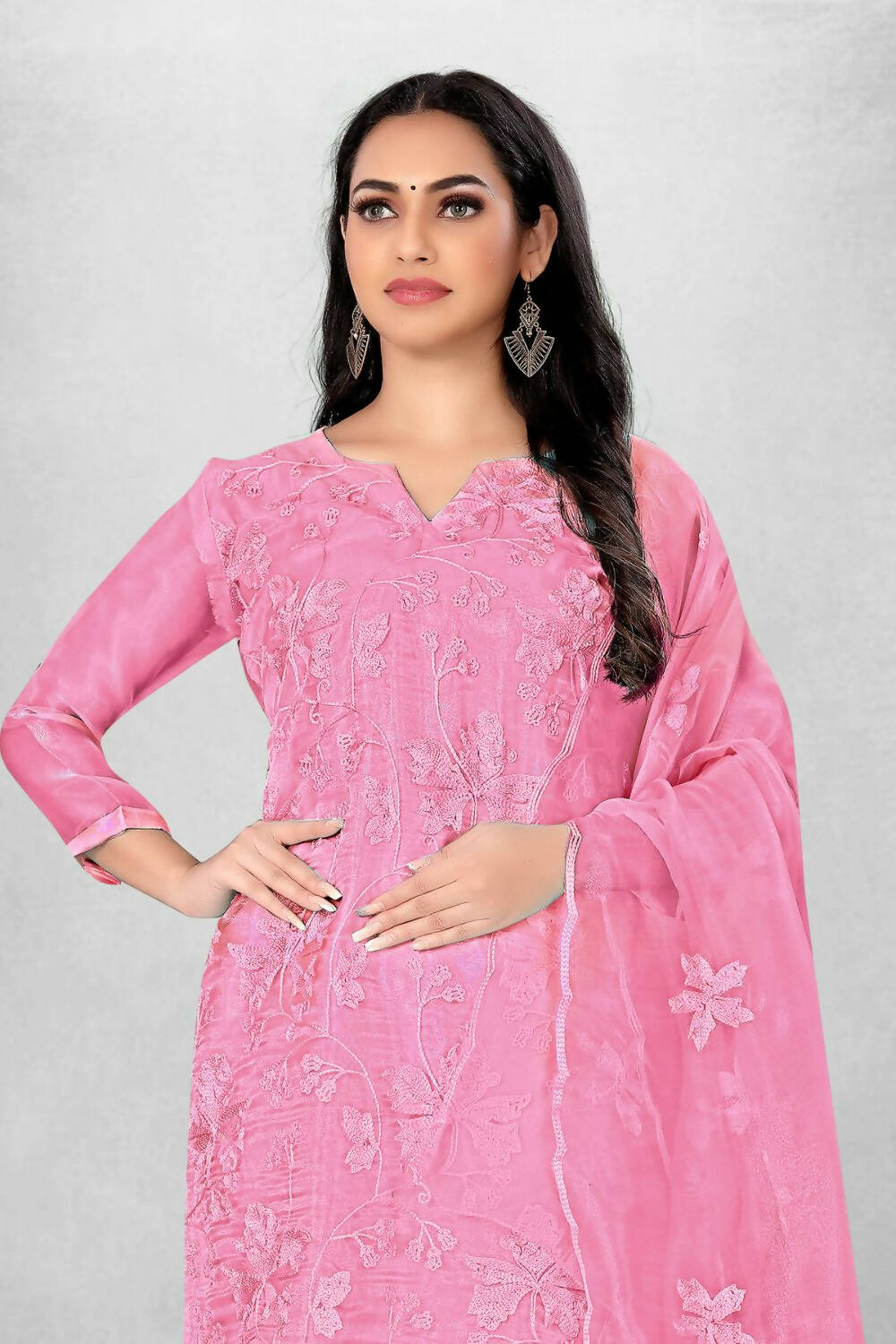 Pink Heavy Organza Silk Embroidered Unstitched Dress Material - Amara | Grocsy