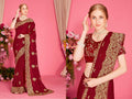PR Fashion Maroon Fendi Two Tone Silk Heavy Zari Embroidery Work With Heavy Zircon Work Saree | Grocsy