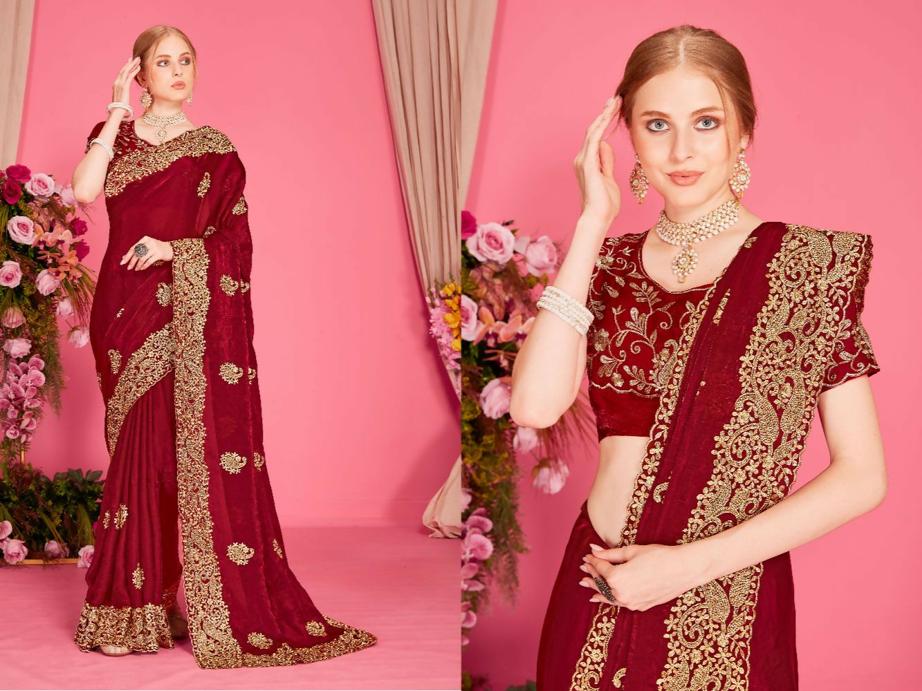 PR Fashion Maroon Fendi Two Tone Silk Heavy Zari Embroidery Work With Heavy Zircon Work Saree | Grocsy