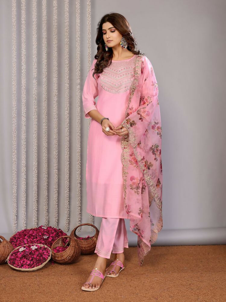 Joban Fashion Women Light Pink Roman Embroidery Stitched Kurta Set | Grocsy