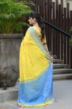 Beatitude Yellow Slub Cotton Floral Jamdani Saree | Grocsy