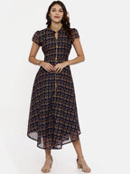 Souchii Navy Blue & Gold Floral Print Fit and Flare Dress | Grocsy