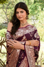 Joban Fashion Wine Banarasi Soft Pure Handloom Banarasi Silk Saree | Grocsy