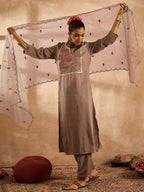 Indo Era Women Ethnic Motifs Embroidered Regular Thread Work Kurta with Trousers & With Dupatta | Grocsy