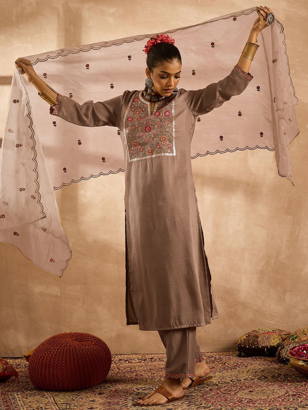 Indo Era Women Ethnic Motifs Embroidered Regular Thread Work Kurta with Trousers & With Dupatta | Grocsy