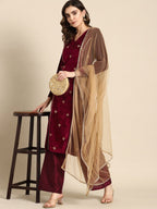 All About You Women Velvet Finish Woven Design Regular Kurta with Palazzos & Dupatta | Grocsy