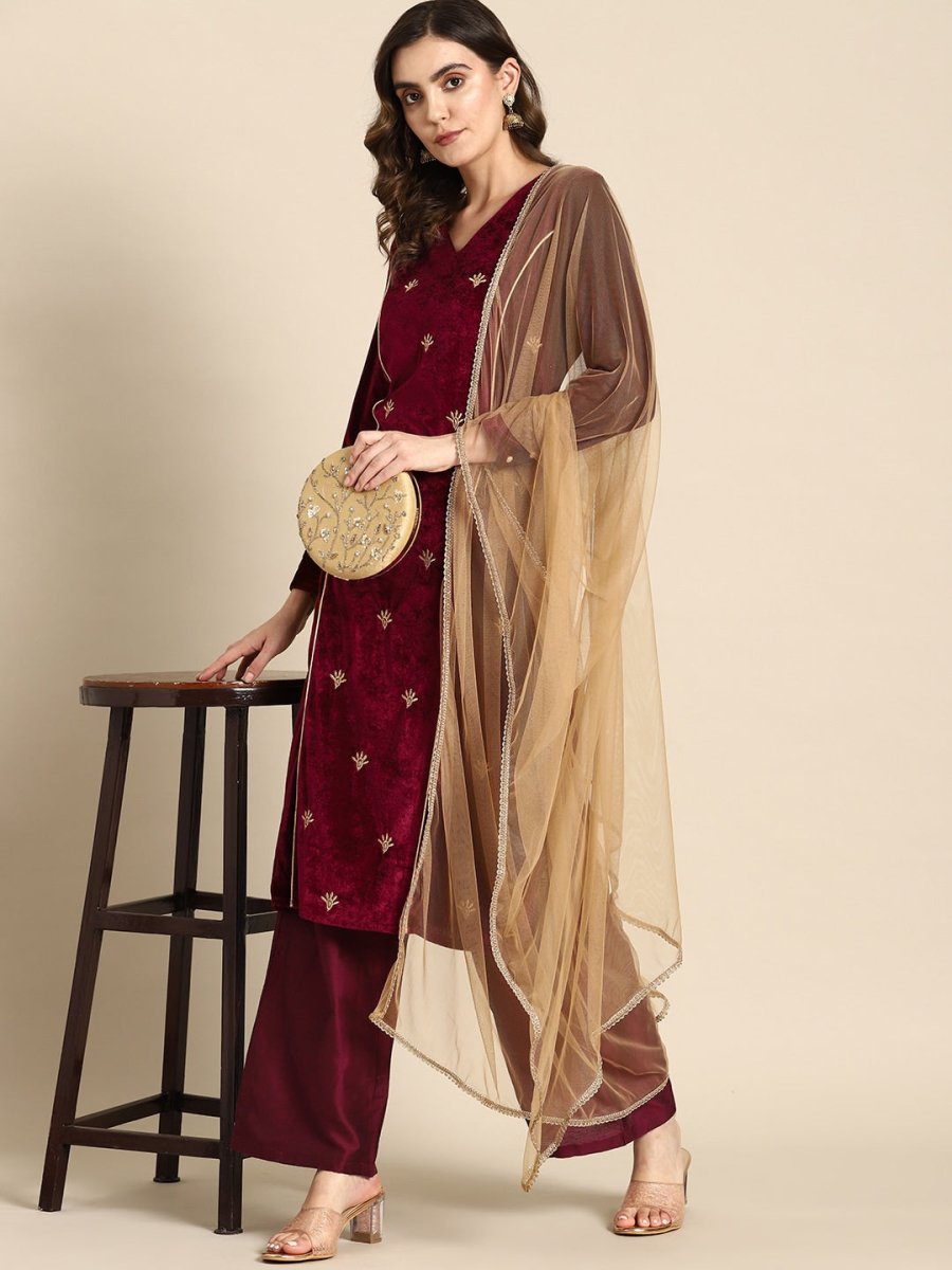 All About You Women Velvet Finish Woven Design Regular Kurta with Palazzos & Dupatta | Grocsy