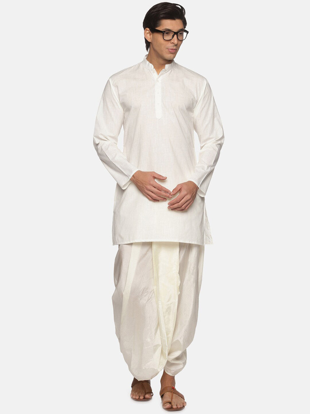 Sethukrishna Men Cream-Coloured Striped Pure Cotton Kurta with Dhoti Pants | Grocsy